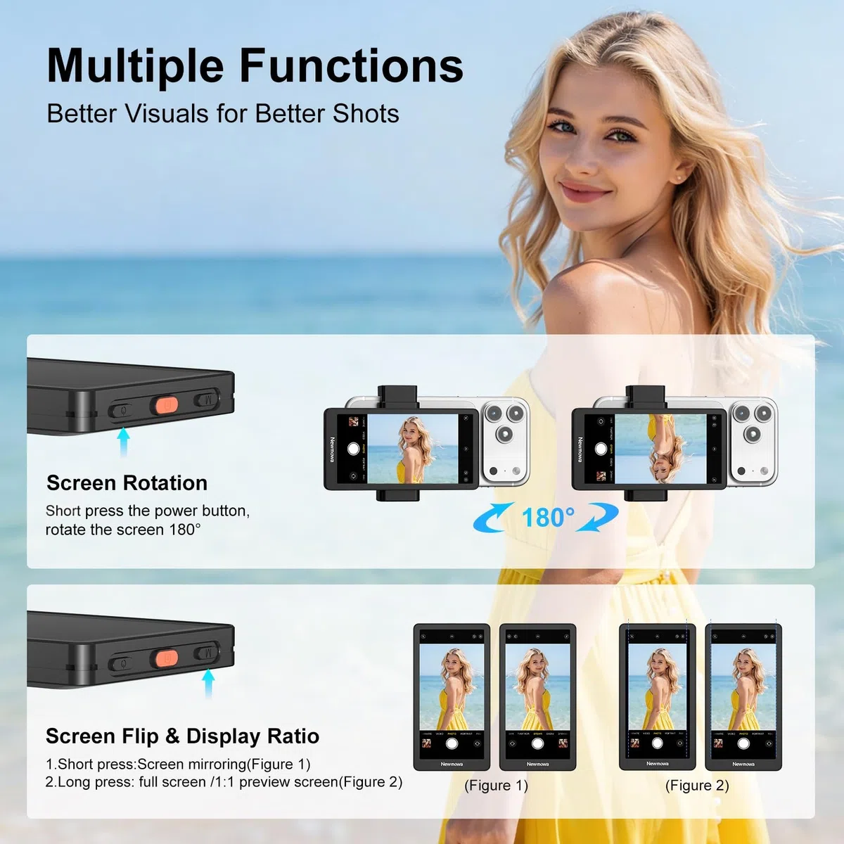 Newmowa 4.95" Schermo Monitor per Selfie Vlog per Telefono, Accessorio per Fotocamera Posteriore per Teleprompter LiveStream Selfie Vlog TikTok,Compatibile con iPhone(Support 4K 30fps Wired Recording)