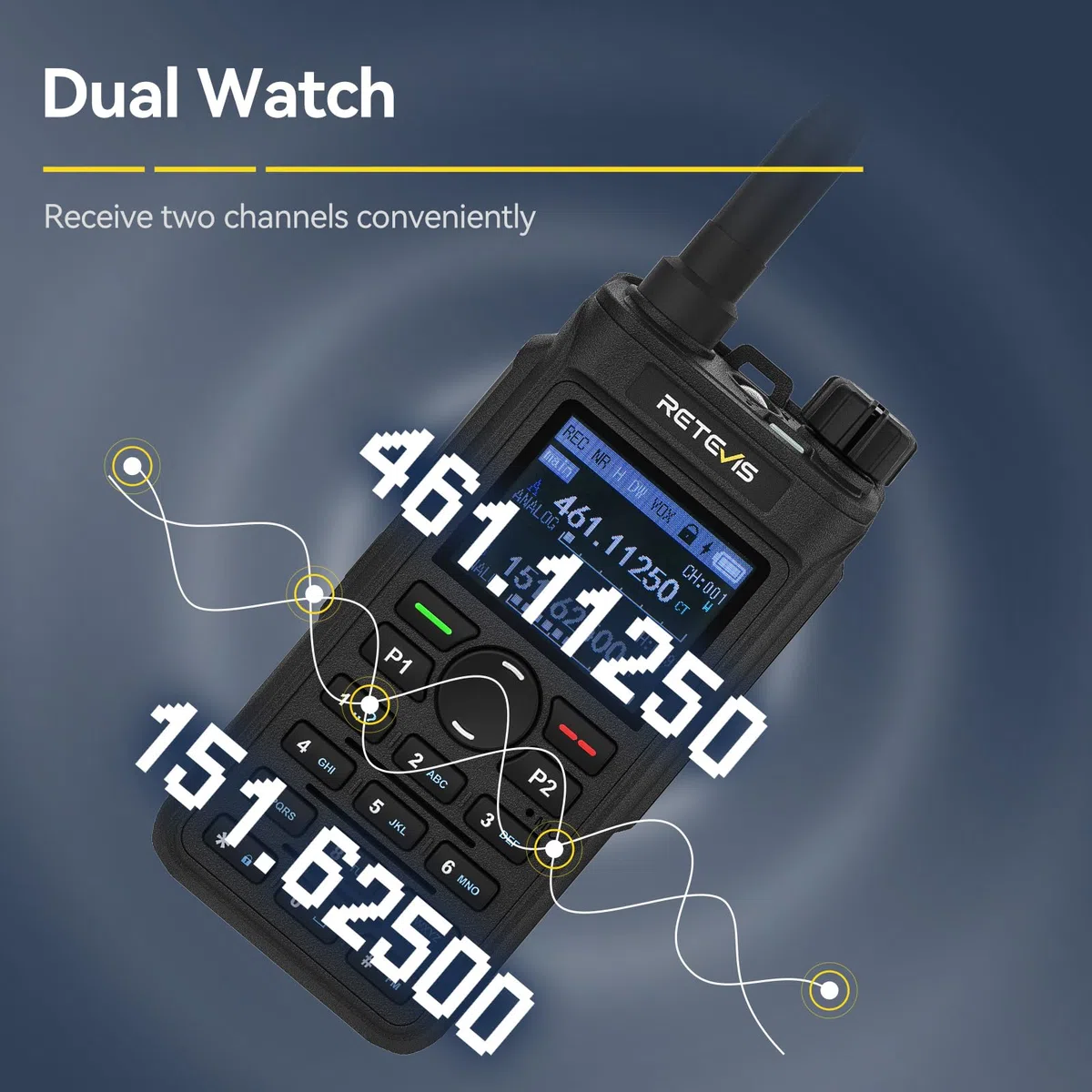 Retevis C62 Walkie Talkie Lungo Raggio, Professionali Ham Radio Bibanda, Display LCD, 2000mAh, Walkie Talkie Ricaricabili per Adulti, per Escursionismo/Caccia/Campeggio (Nero, 1 Pezzo)