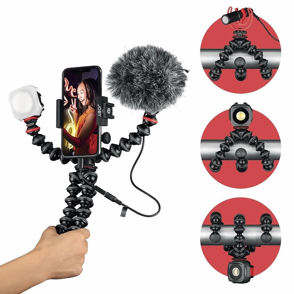 JOBY GorillaPod Mobile Vlogging Kit (Smartphone Support, Wavo Mobile Microphone, Beamo Mini Led Light), Flexible Tripod with Light, Vlogging,Streaming