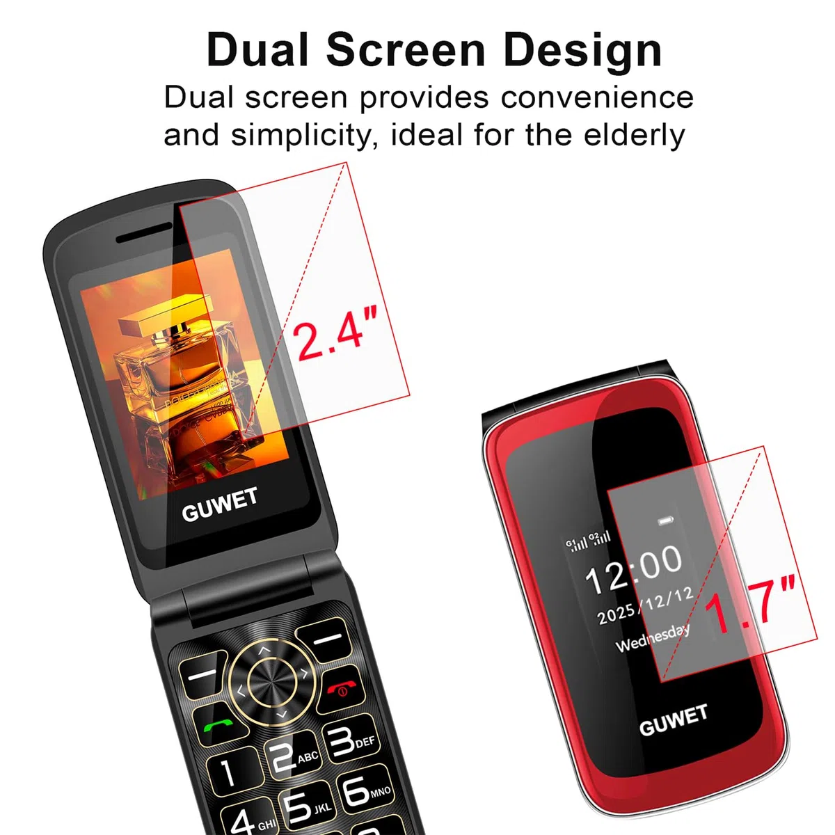 2G Telefono Cellulare per Anziani con Tasti Grandi, Flip Phone, Funzione SOS, Batteria da 1600 mAh, 2.4"+1.77" Doppio Display, Doppia SIM con doppio standby, Rosso.