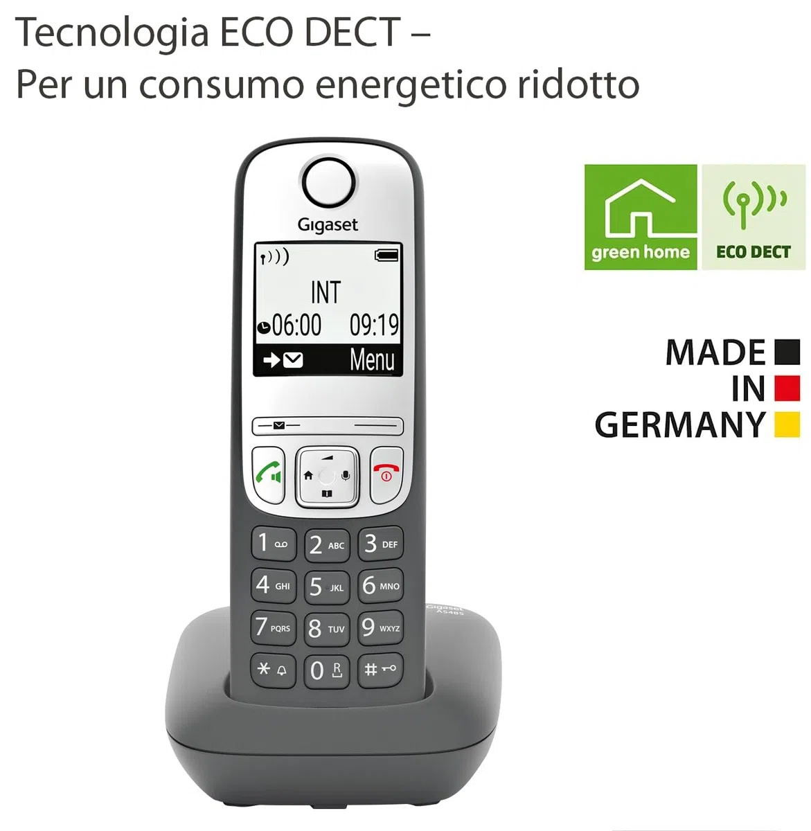 Gigaset AS485 - Telefono Cordless - Vivavoce - Numeri grandi sul display - Tastiera Illuminata - Risparmio energetico, Grigio Antracite [Versione Italiana]