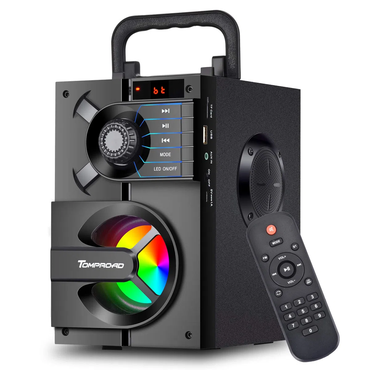 Altoparlante Bluetooth, cassa stereo portatile con subwoofer, senza fili, bassi supporta radio FM, con telecomando, luci LED, di colore nero