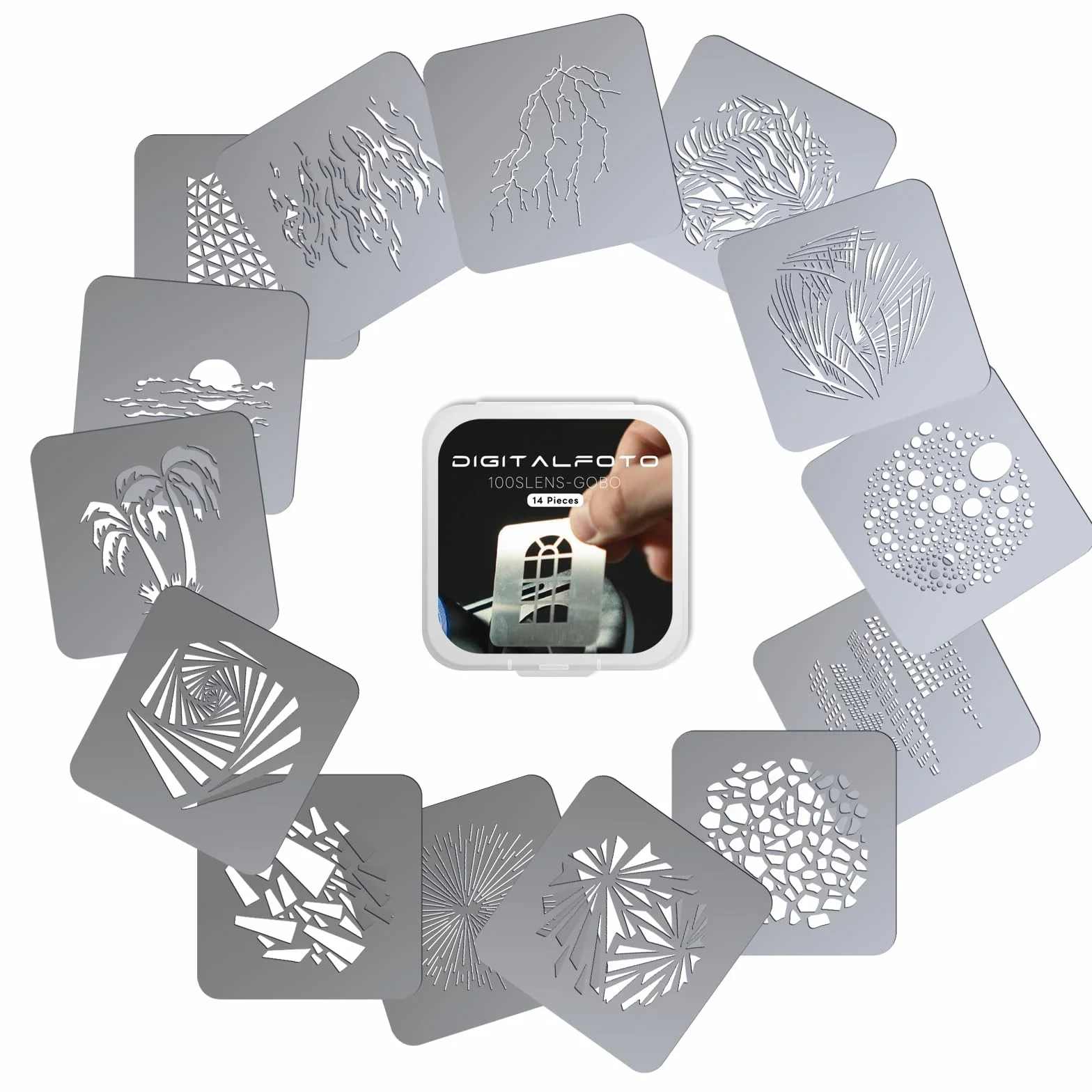 DIGITALFOTO Set per Proiettore Ottico DF Snoot Bowens, 14 Schede Grafiche Gobo in Acciaio Inox
