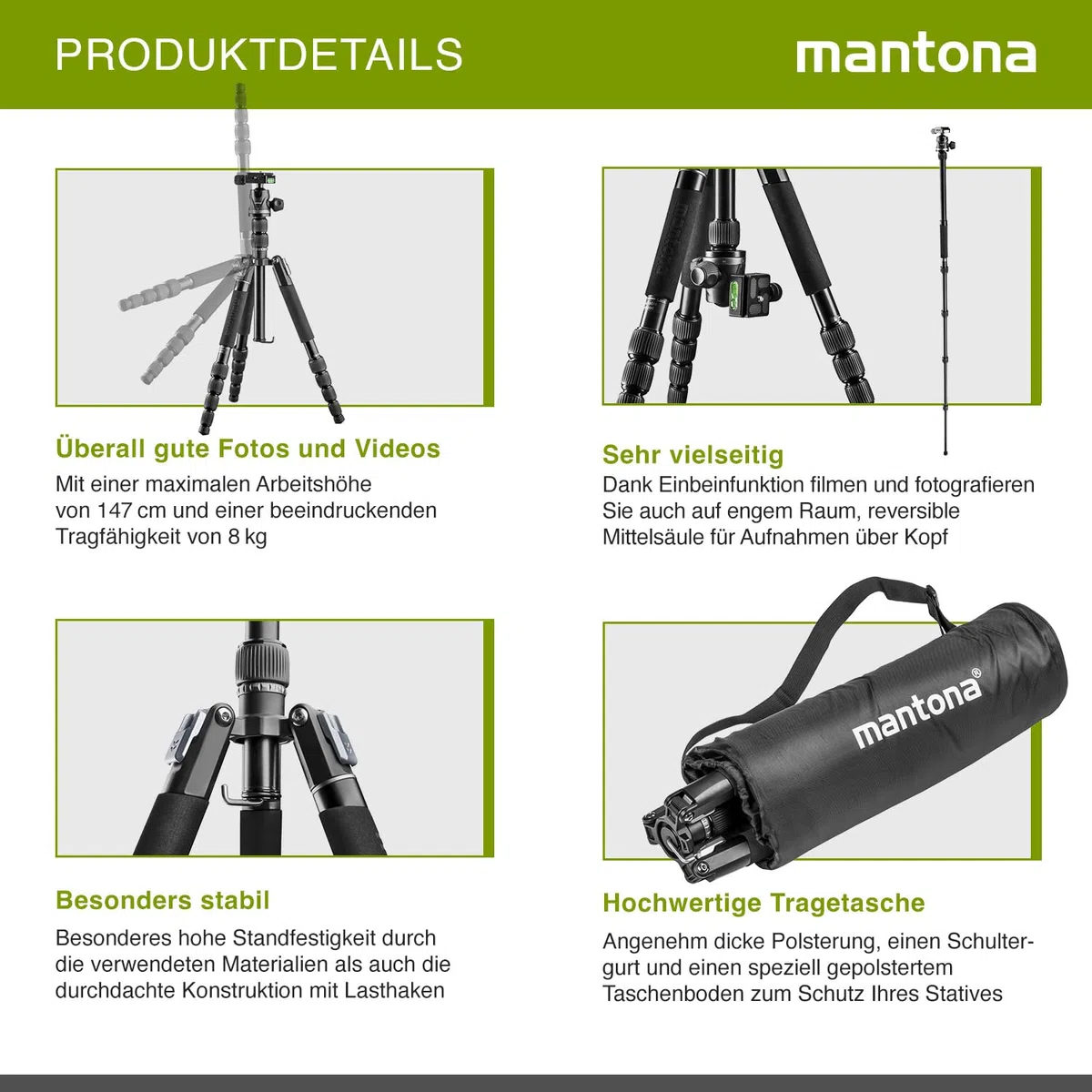 Mantona Cavalletto fotografico da viaggio DSLM Travel Evolution 2252-RA regolabile fino a 147 cm, max 8 kg, con testa a sfera, Treppiedi Stativo fotografia