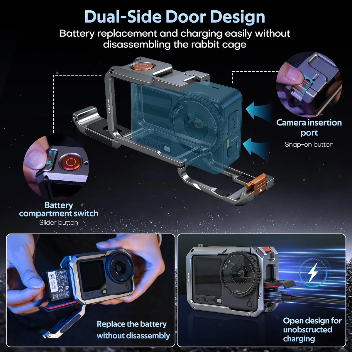 REYGEAK Gabbia in metallo ultra leggera per DJI OSMO Action 6, telaio in alluminio con vite da 1/4", scarpa fredda, supporto adattatore a sgancio rapido con doppio artiglio per OSMO Action 6