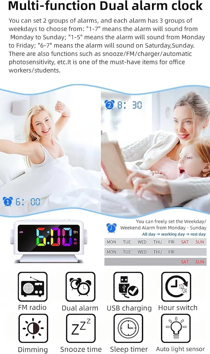RGB Sveglia colorata Calendario perpetuo Radio FM Orologio elettronico Funzione snooze Allarmi multipli Regolazione automatica della luminosità Uscita di alimentazione USB (Black1)