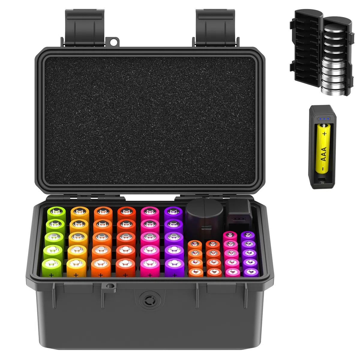 KIWIFOTOS Valigetta per la Conservazione delle Batterie con Tester per Batterie, Organizzatore Robusto per Batterie per 30 Slot AA, 18 Slot AAA, 10 Slot per Batterie a Bottone