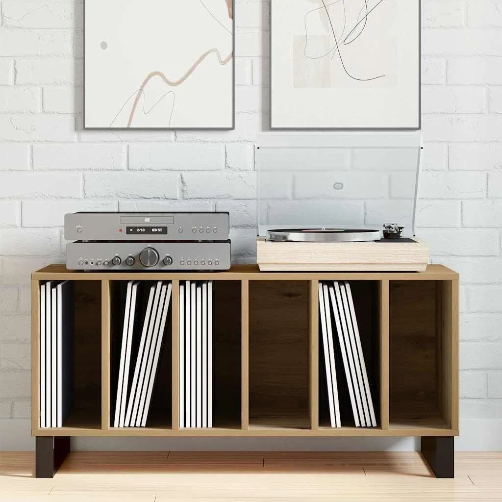 Armadietto per dischi in rovere Artisan, 100 x 38 x 48 cm | Armadio multimediale retrò per soggiorno realizzato in legno resistente con 6 scomparti aperti per LP.