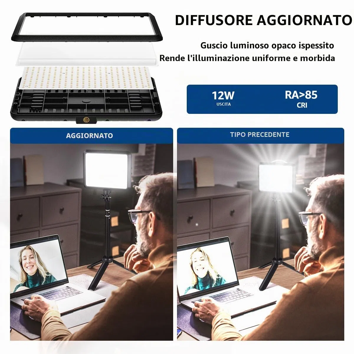Kit di illuminazione per fotografia, 2 confezioni di luci video da tavolo a LED 2800K-6500K per riprese/zoom/giochi/streaming/TikTok, luce dimmerabile da 14 * 18 cm con 40-60 cm treppiede NV-8InTPLT2P