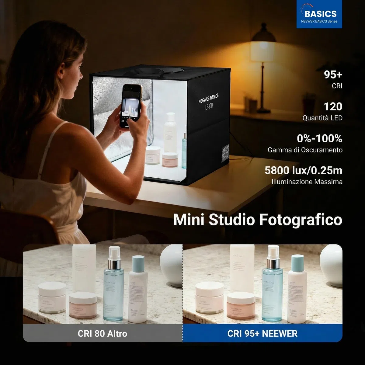 NEEWER BASICS Light Box Fotografico Bicolore da Studio, 30x30cm Scatola Fotografica Pieghevole con 6 Sfondi Colorati, 120 LED CRI95+ Dimmerabile per Fotografia Gioielli Elettronica Cibo Tavolo, LB30B