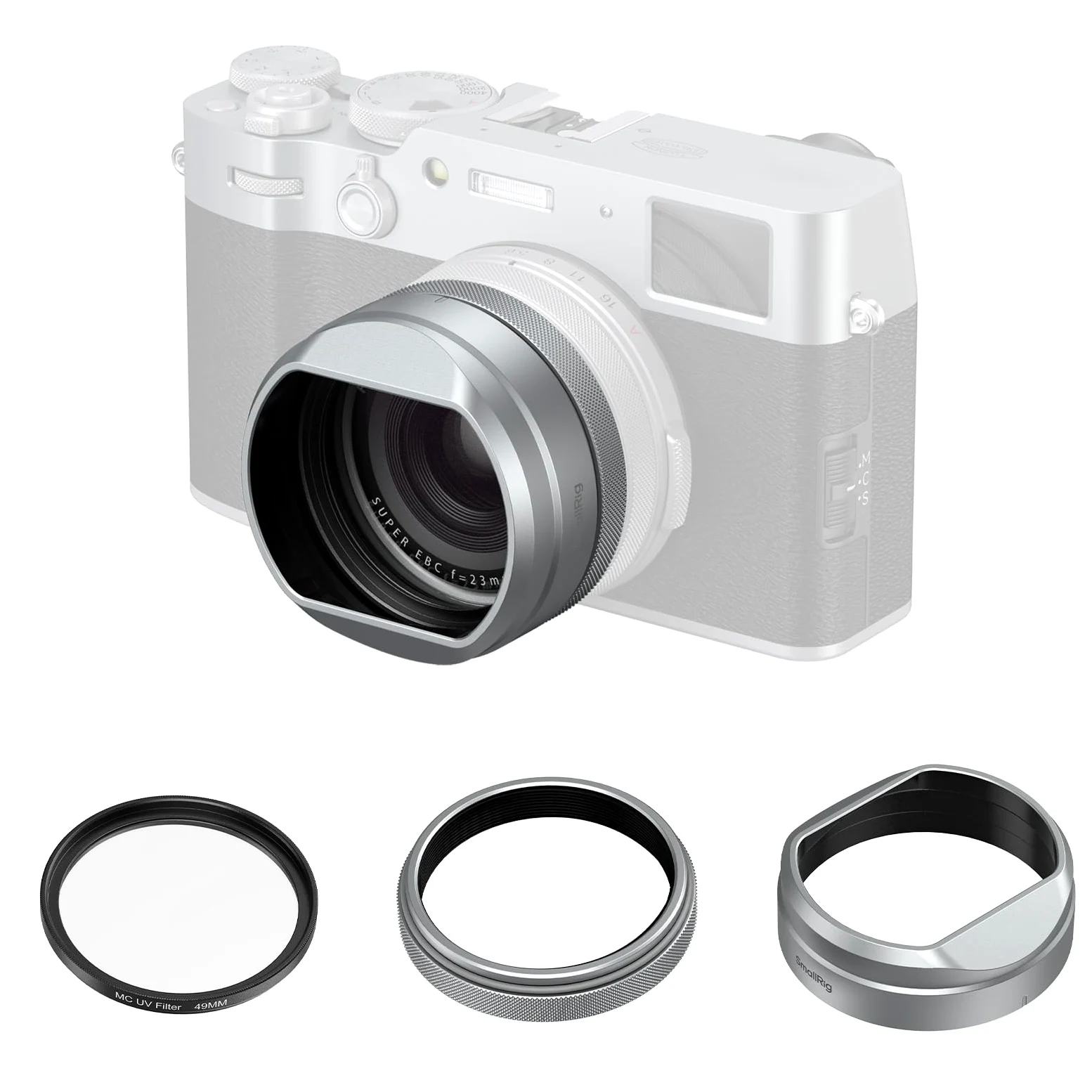 SMALLRIG Kit filtro UV con paraluce per FUJIFILM X100VI / X100V, filtro UV con trasmissione luminosa del 99%, anti-riflesso e anti-ghosting, paraluce in lega di alluminio, argento - 5851