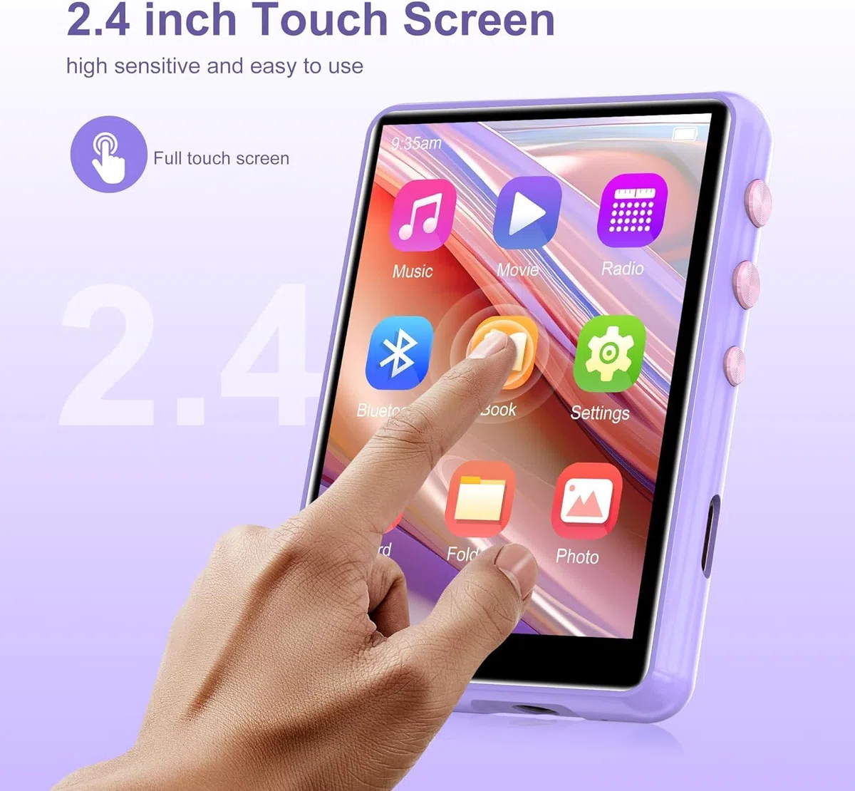 SWOFY Lettore MP3 Bluetooth 5.3, 64 GB HiFi MP3 con altoparlante, registratore radio FM, touchscreen da 2,4 pollici, mini lettore musicale per bambini, supporta fino a 128 GB TF card (viola)