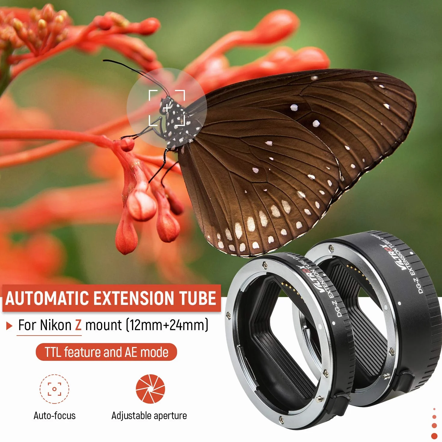 VILTROX DG-Z - Set di anelli adattatore per obiettivo macro con tubo di prolunga automatico (12 mm + 24 mm), supporto TTL e AE, per fotocamere Nikon Z Mount Z6 Z7 Z50