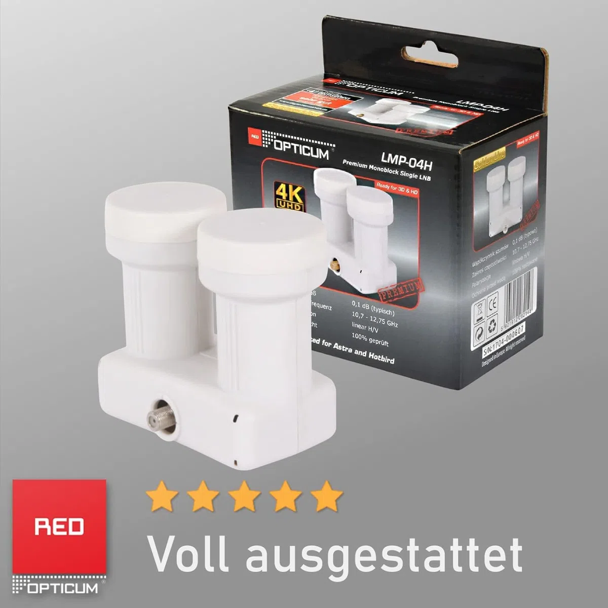RED OPTICUM LMP 04H Monoblock Single LNB 0.1dB - LNB doppia testa per 1 partecipante e 2 Satelliti con DiseqC integrato - 3D UHD 4K Ready - Monoblock LNB Astra Hotbird