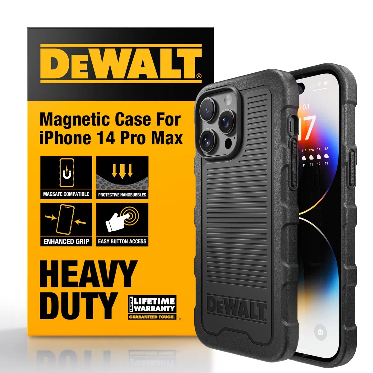 DEWALT Custodia Heavy Duty con Magnete Potente per iPhone 14 Pro Max Compatibile MagSafe, Cover Posteriore Protettiva Antiurto, Resistente alle Cadute, Slim Fit Shockproof, Nero Opaco