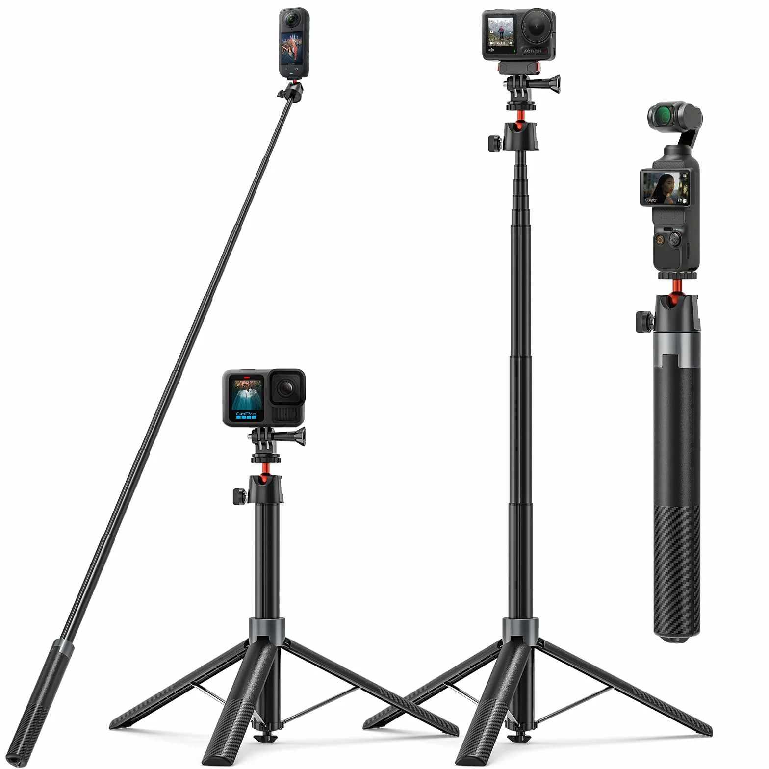 Bastone Selfie Treppiede 170cm per DJI Osmo Pocket 4 3 DJI Action 5 Pro/4 Insta 360 X5 X4 GoPro Hero 13/12/11/10 Black, Selfie Stick Treppiede da Viaggio/Supporto/Accessori 2-in-1 per Action Cam