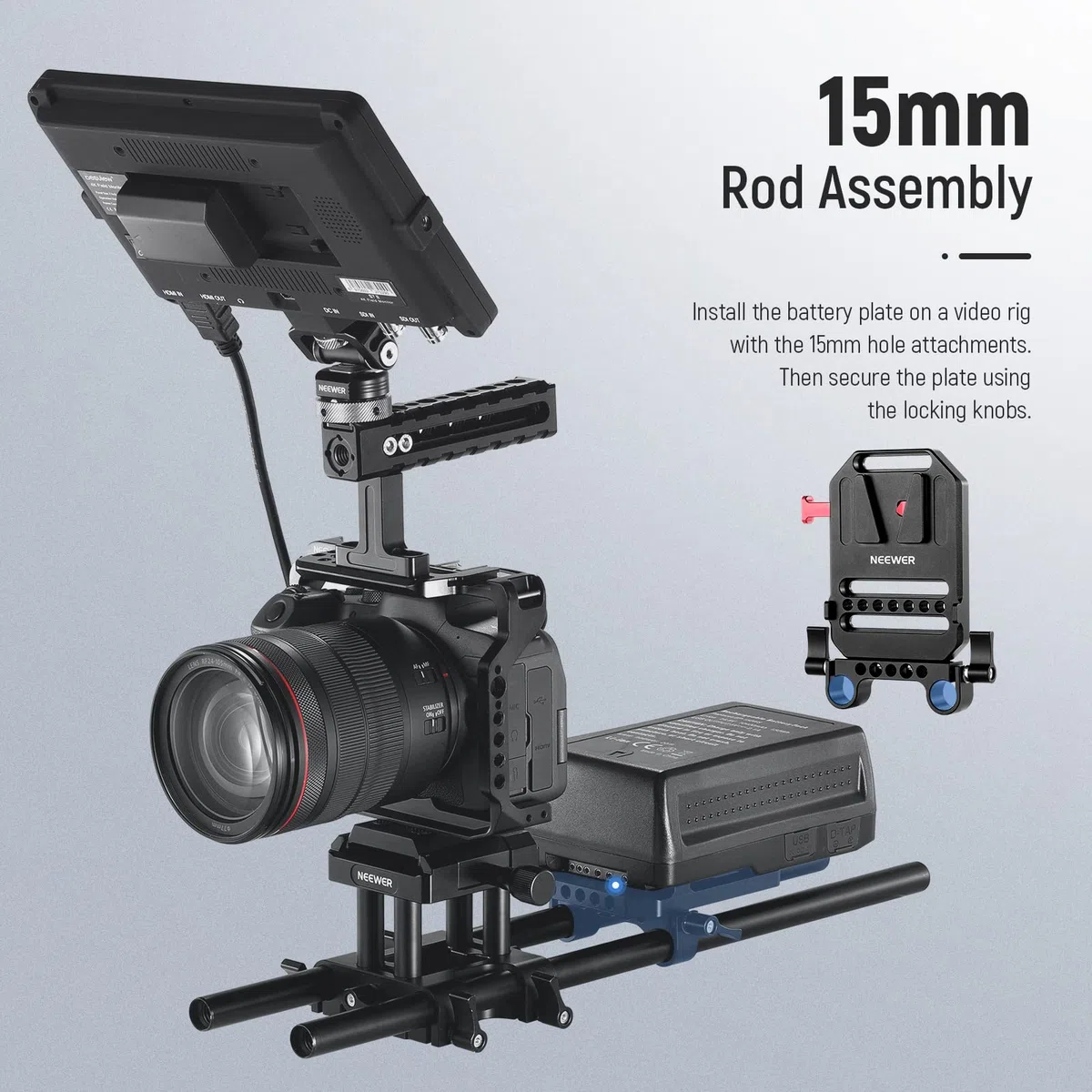 NEEWER Piastra per Batteria V Mount, con Doppi Morsetti per Aste 15mm, Fori Filettati 1/4”, in Metallo per Gabbia Fotografica con Sistema di Supporto con Aste 15mm, Compatibile con SmallRig (ST43)