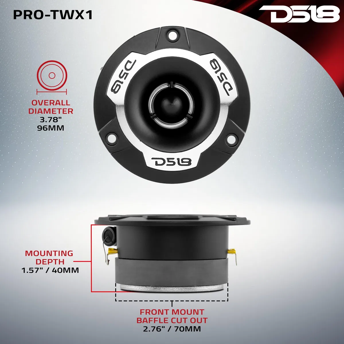 DS18 2 PRO-TWX1 super bullet tweeter da 9,60 cm di diametro 120 watt rms e 240 watt max, impedenza 4 ohm da 103 db, portiere auto, a coppia