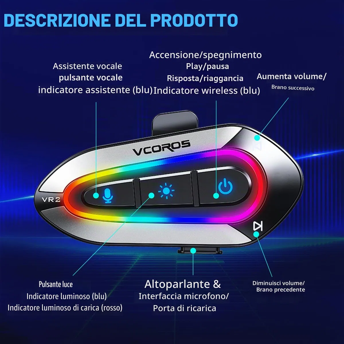 Casco Moto Auricolare,VR2 Casco Moto Bluetooth Auricolare per Singola, IPX6 Impermeabile,Modalità luce RGB,5.3 Cuffie Bluetooth per Moto,Auricolari Moto per Vivavoce AI Voice Control,Controllo Musica