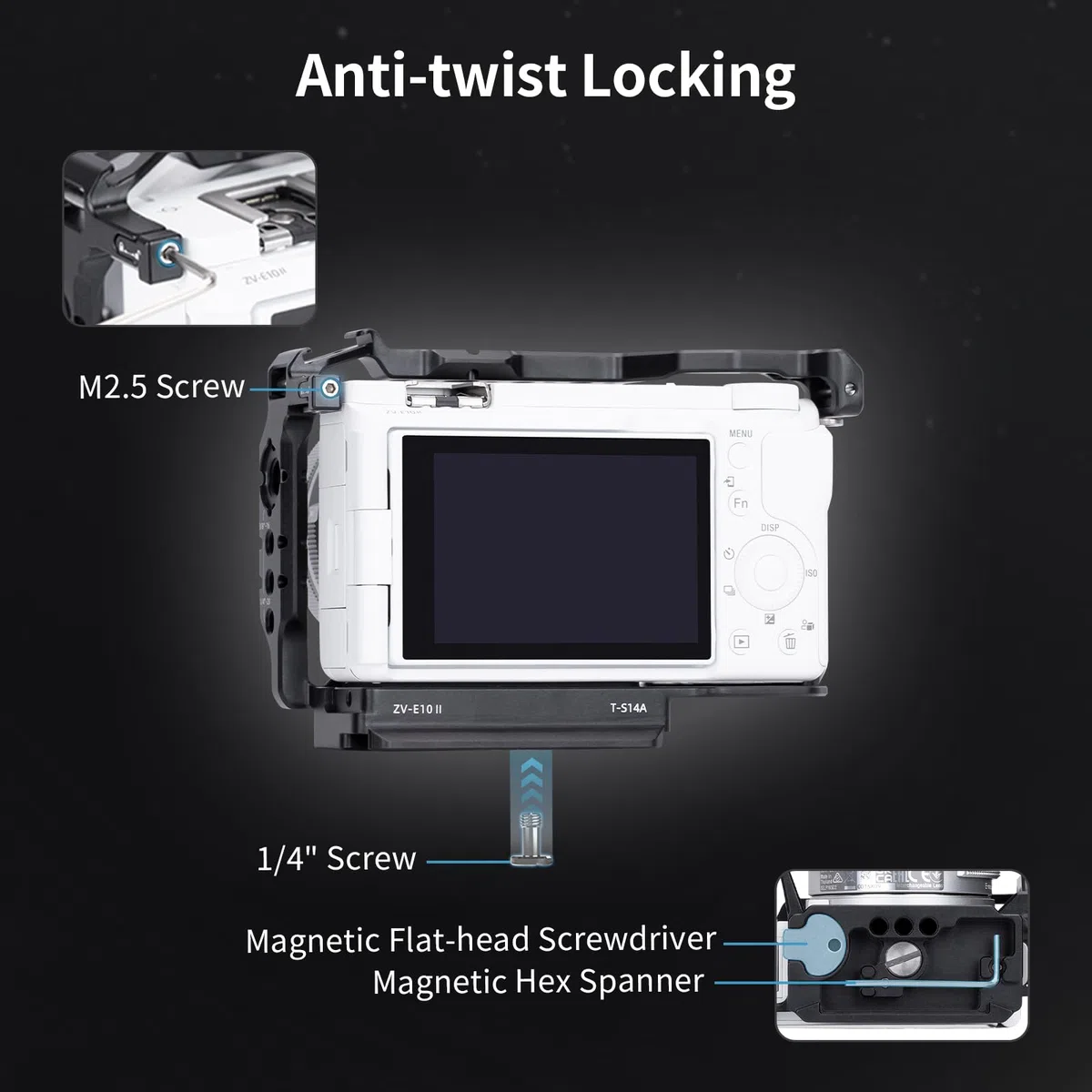 Nitze ZV-E10 II Cage, gabbia per fotocamera Sony ZV-E10 II, con 2 guide NATO integrate, scarpa Cold Shoe, impugnatura ergonomica, piastra a sgancio rapido per Arca-Swiss T-S14A