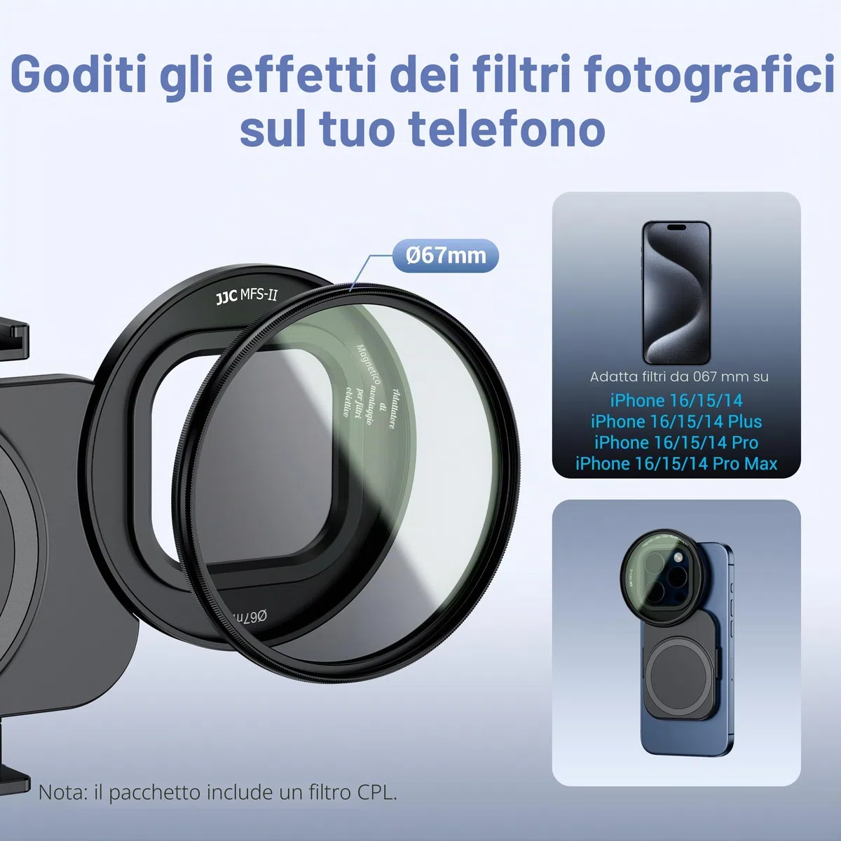 JJC Adattatore magnetico per filtro telefonico da 67 mm con set di filtri CPL per iPhone 14 15 16, 14 15 16 Pro, 14 15 16 Plus, 14 15 16 Pro Max, supporto per treppiede e accessori video