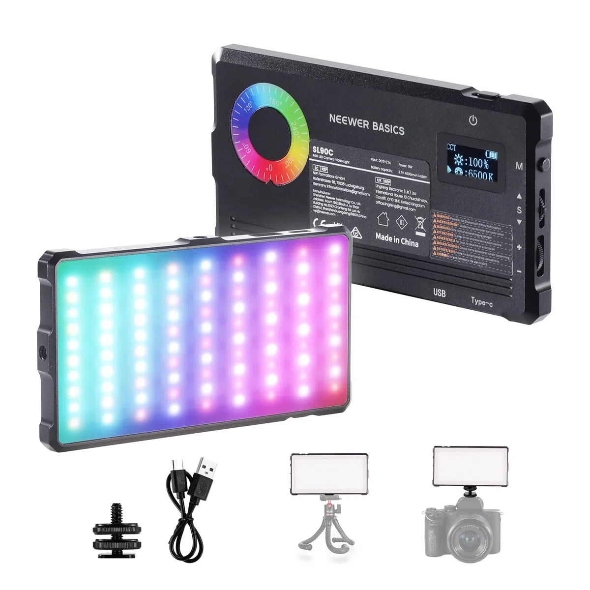 NEEWER Basics RGB Video Light, 8W 2700K-7500K Portatile Colori RGB Completi 17 Scene CRI97, 4000mAh Ricaricabile Piccolo Pannello LED Illuminazione per Fotocamera Treppiede Registrazione Video, SL90C