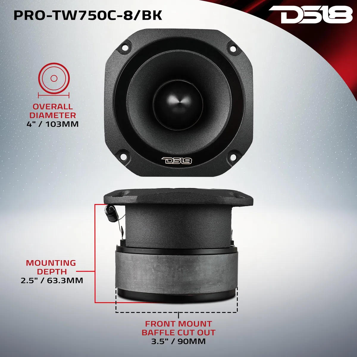 DS18 PRO-TW750C-8/BK Super Bullet Tweeter da 10,2 cm con bobina vocale in titanio da 3,8 cm e magnete in ferrite oversize da 200 Watt 8 Ohm, nero, singolo