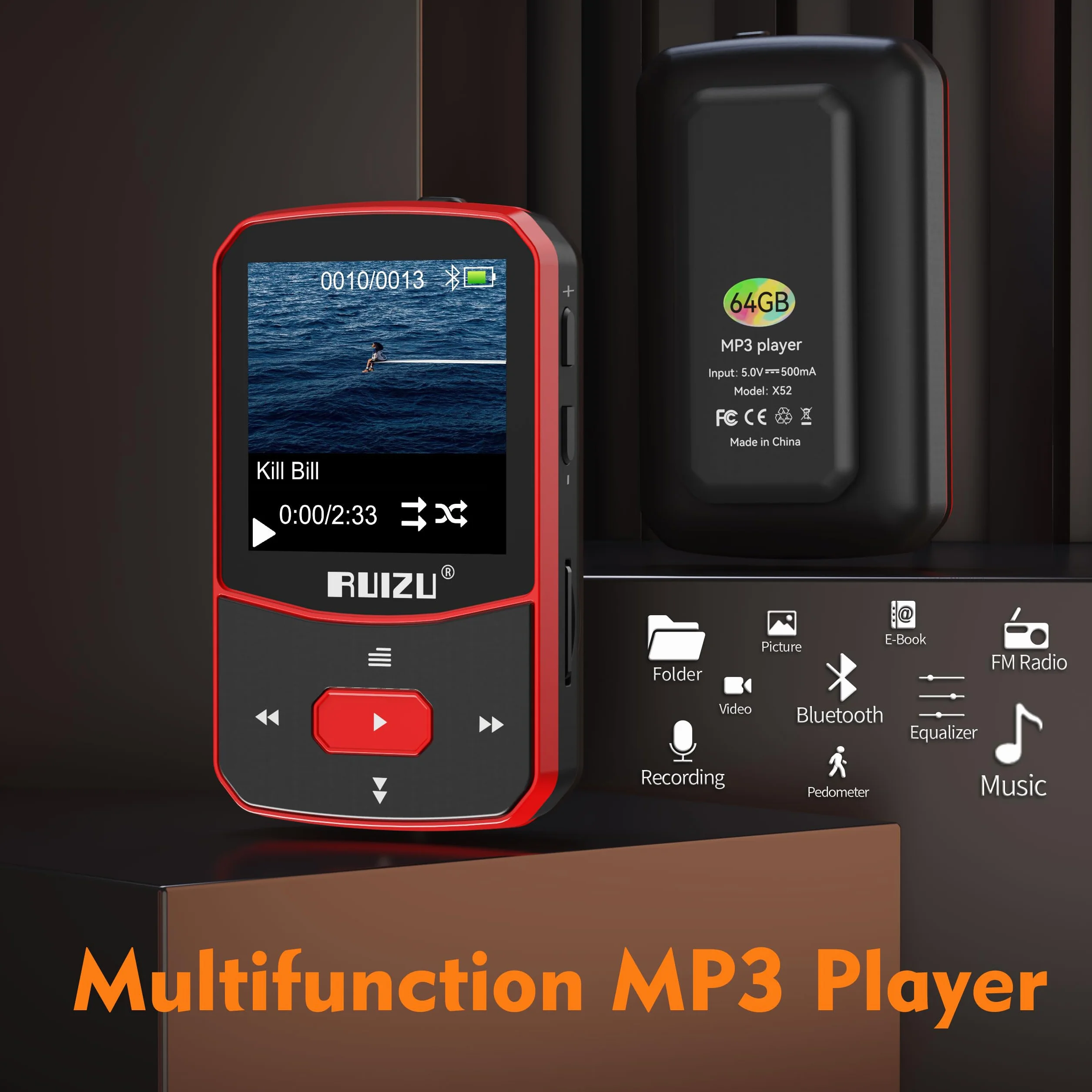 64GB Lettore MP3 Bluetooth 5.3, HiFi con Clip Sportiva, MP3 Bambini con Volume Indipendente, Radio FM, Auricolari Inclusi, supporta una scheda SD fino a 128 GB