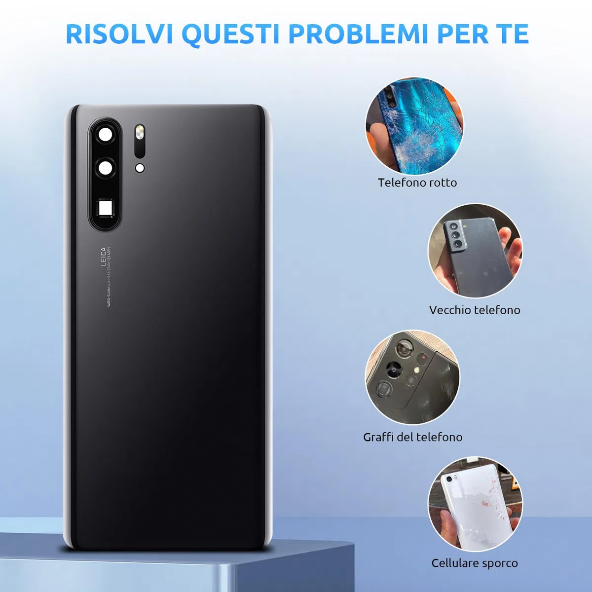 Scocca Vetro Posteriore Sostituzione per Huawei P30 PRO Originale Coperchio Copribatteria con Vetro Fotocamera+Ricambio Kit(Nero)