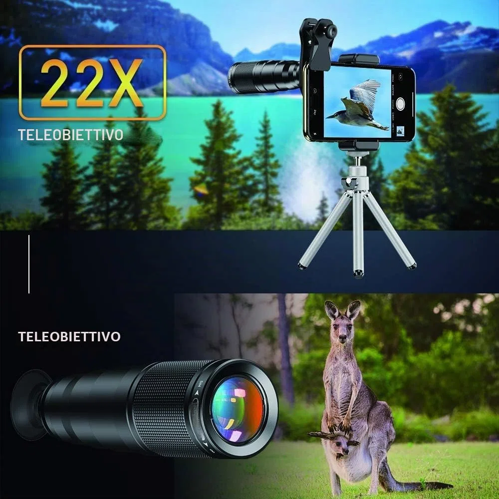 Apexel Kit di obiettivi per telefono, kit di obiettivi 4 in 1 per fotocamera, teleobiettivo 22x, obiettivo fisheye 205°, obiettivo grandangolare 120°, obiettivo macro 20x, treppiede e scatto remoto