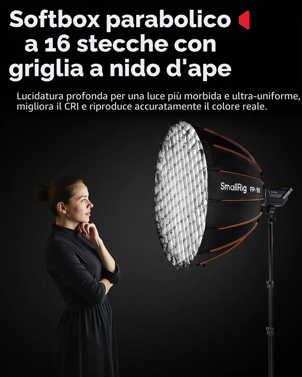 SmallRig FP-90 - Softbox parabolico 35,4" con supporto Bowens per fotografia da studio, softbox a cambio rapido con griglia a nido d'ape, diffusori, per SMALLRIG RC 220 Pro, per Neewer per Godox per