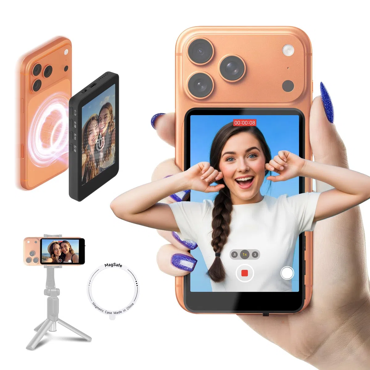 SYNCO XView Monitor Vlog per iPhone 17 - Schermo Selfie Magnetico Wireless 1080P/4K per Fotocamera Posteriore, Portata 50m, Batteria 3 Ore con Altoparlante Integrato per Live Youtube e TikTok (Nero)