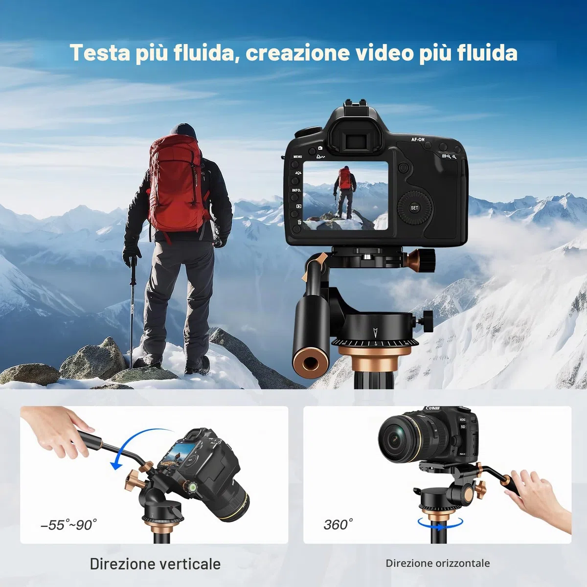 Soonpho Q-08S Testa Fluida Panoramica in Metallo di trascinamento del fluido con impugnatura estesa per videocamere DSLR, piastra scorrevole a vite da 1/4 3/8" Testa a treppiede rotante a 360 gradi