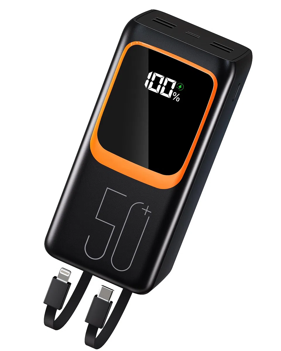 Power Bank 50000 mAh con cavo integrato: batteria esterna a ricarica rapida da 22,5 W con grande capacità, caricabatterie portatile con torcia LED e 7 uscite e 3 ingressi-con cavo integrato