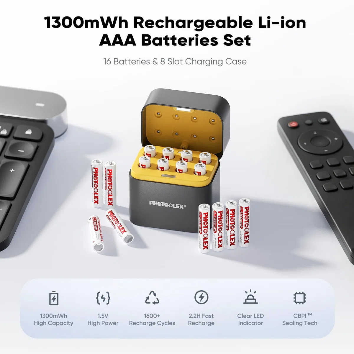 PHOTOOLEX Batterie AAA ricaricabili al litio 16 pezzi con caricatore a 8 slot, 1300 mWh ad alta capacità 1,5 V, batteria agli ioni di litio, 1600 cicli AAA con caricatore rapido