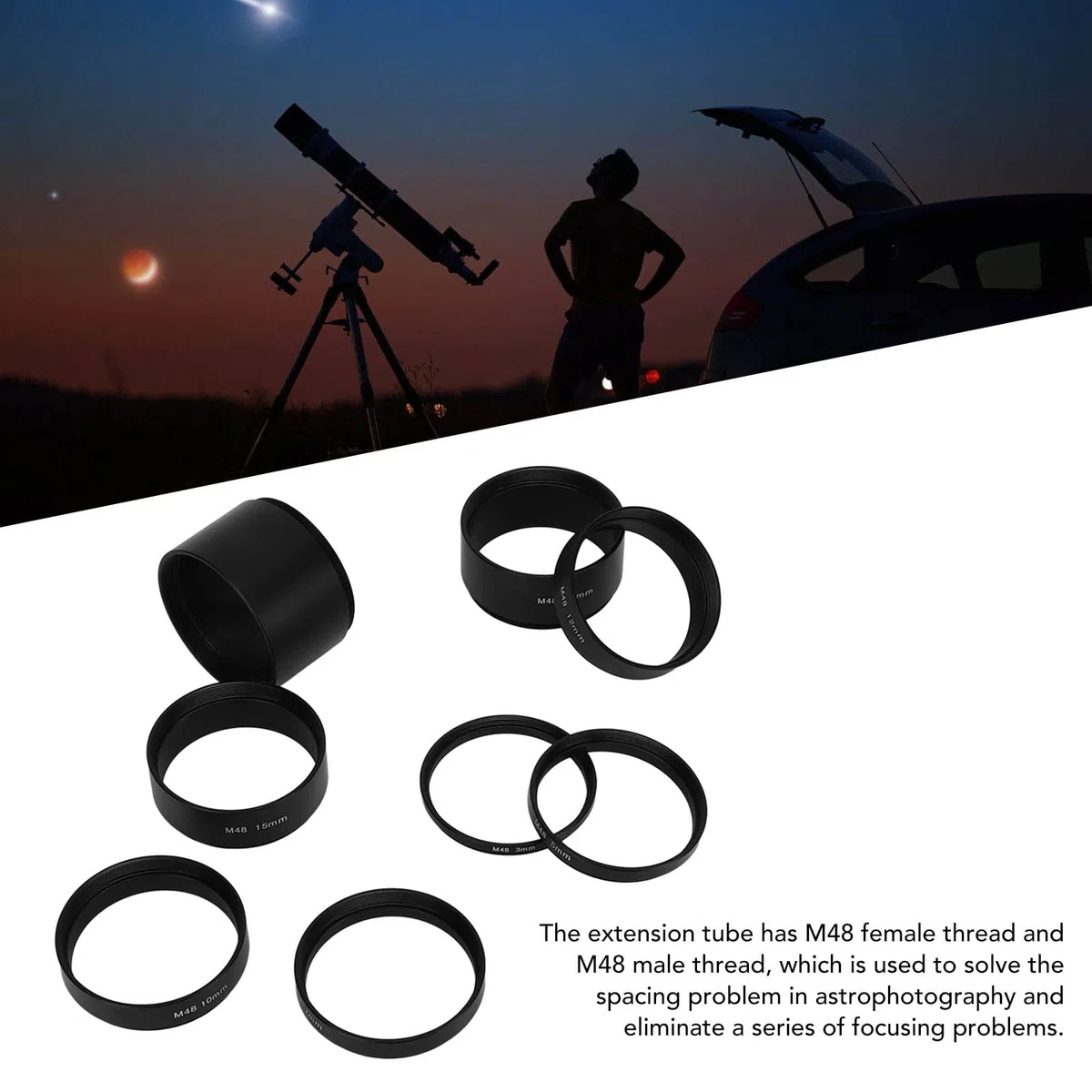 Set di Tubi di Prolunga per Telescopio, 8 Pezzi M48X0,75 Kit di Tubi di Prolunga per Lunghezza Filettatura 3 5 7 10 12 15 20 30 Mm Anello di Prolunga per Fotografia con Telescopio