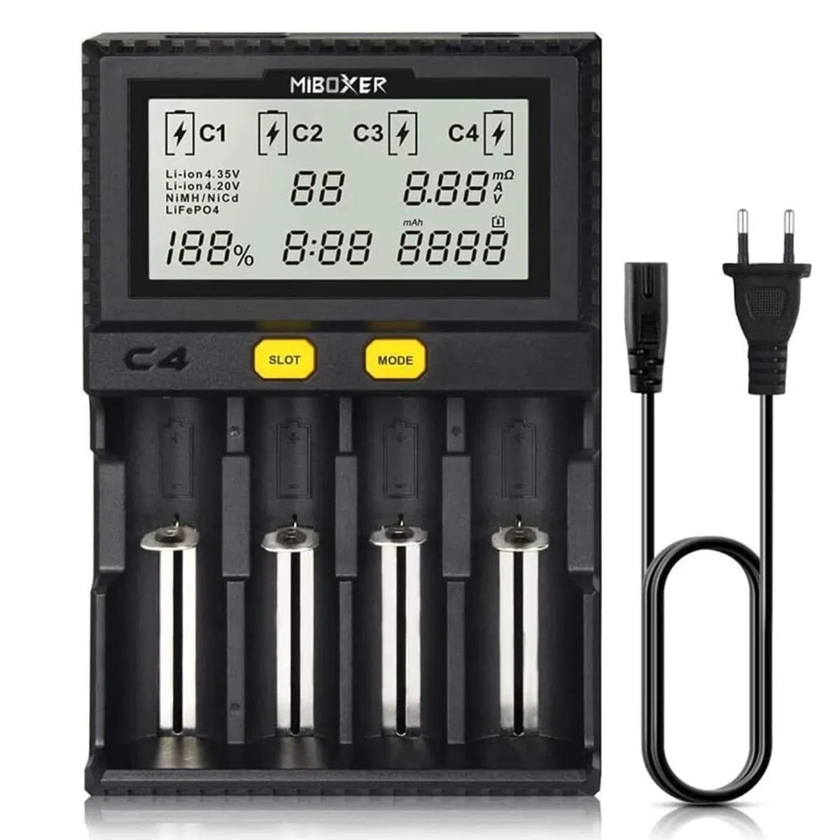 Caricabatteria 18650, Caricatore Universale a 4 Alloggiamenti MiBOXER Smart, Display LCD Automatico, Ricarica Rapida Li-ion LiFePO4 Ni-MH Ni-Cd AA AAA C 18350 18500 18700 20700 21700 RCR123