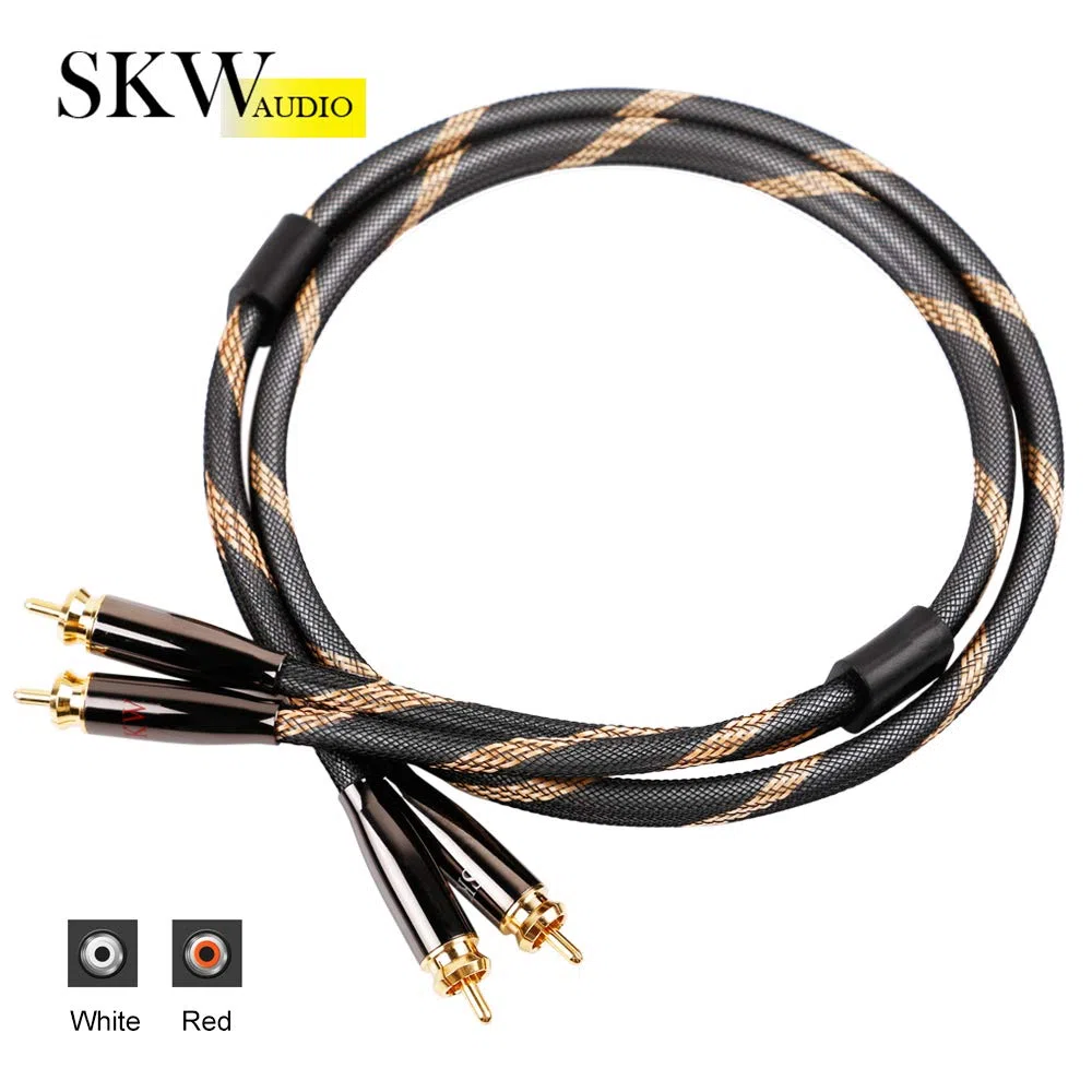 SKW, Cavo RCA da 2RCA maschio a 2RCA maschio per audiofili, per sistemi HiFi, con cavo di interconnessione con diametro di 7 mm (lunghezza di 2m, colore nero, in nylon)
