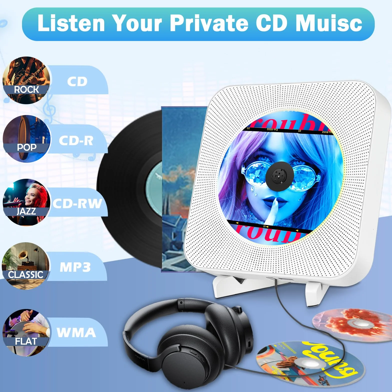 Lettore CD Bluetooth montabile a parete, lettore musicale CD portatile con doppi altoparlanti, lettore CD da parete/da tavolo con linea di interruttori di alimentazione, AUX/USB (Bianco)