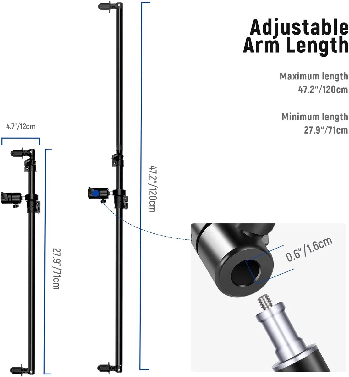 NEEWER Braccio telescopico estensibile per riflettore da 70,9 cm a 120 cm, braccio girevole a 360 gradi, per fotografia di prodotti e ritratti, ideale per studio fotografico e fotografia all'aperto