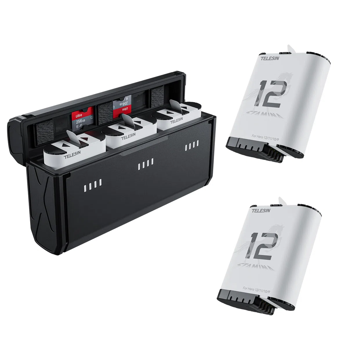 TELESIN 2 Batterie Enduro e Caricabatterie a 3 Slot per Go Pro Hero 12 11 10 9, Batteria Adatta a Basse Temperature, Caricabatterie Tascabile, Ricarica Veloce, Accessori