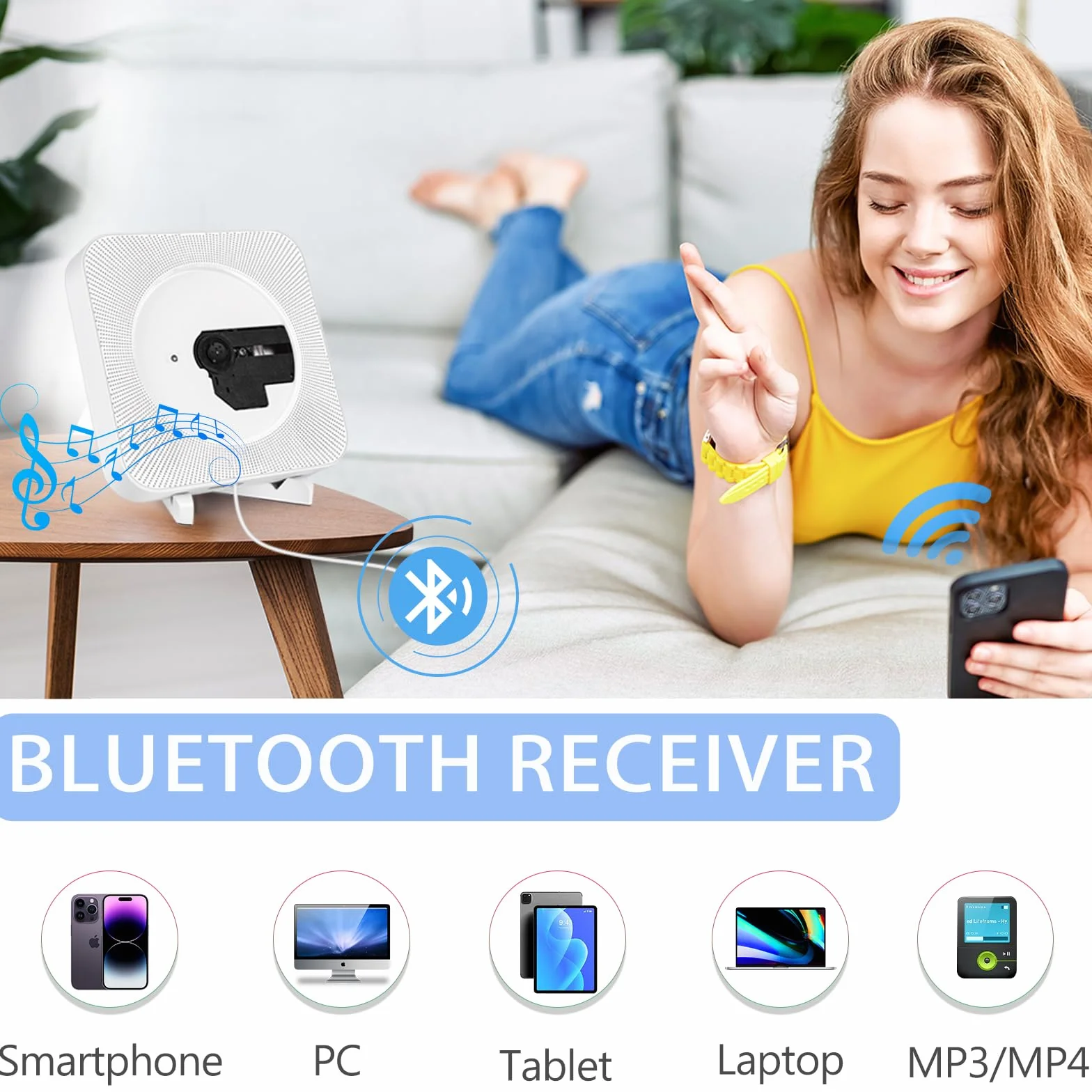 Lettore CD Bluetooth montabile a parete, lettore musicale CD portatile con doppi altoparlanti, lettore CD da parete/da tavolo con linea di interruttori di alimentazione, AUX/USB (Bianco)