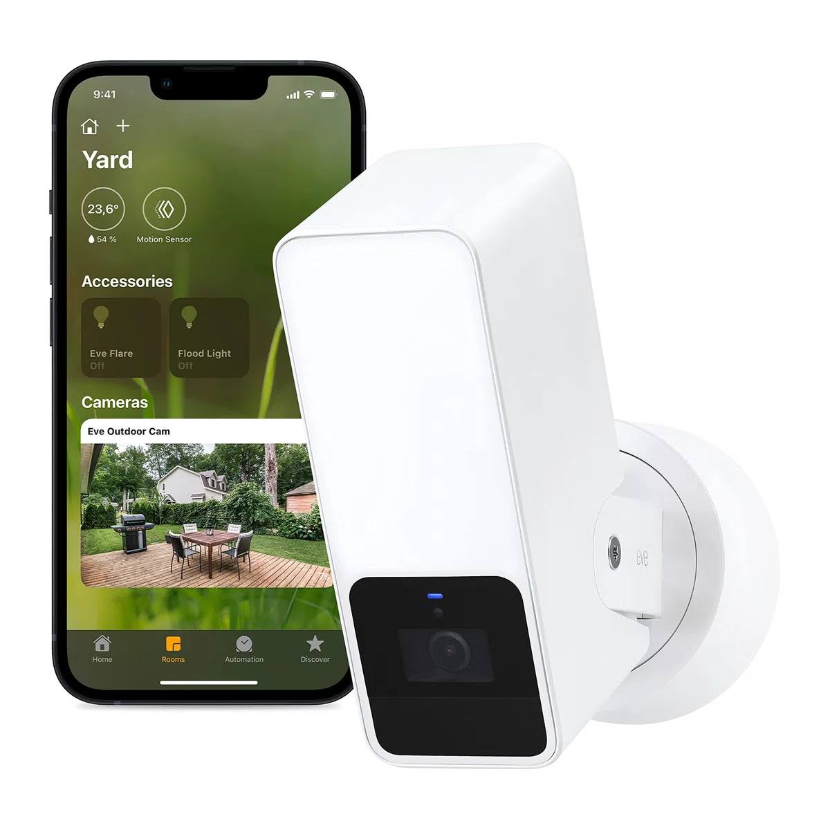 Eve Outdoor Cam (White Edition) – videocamera con riflettore sicura, sicurezza e privacy (HomeKit Secure Video), visione notturna, Wi-Fi (2.4 GHz), sensore di movimento, comunicazione bidirezionale