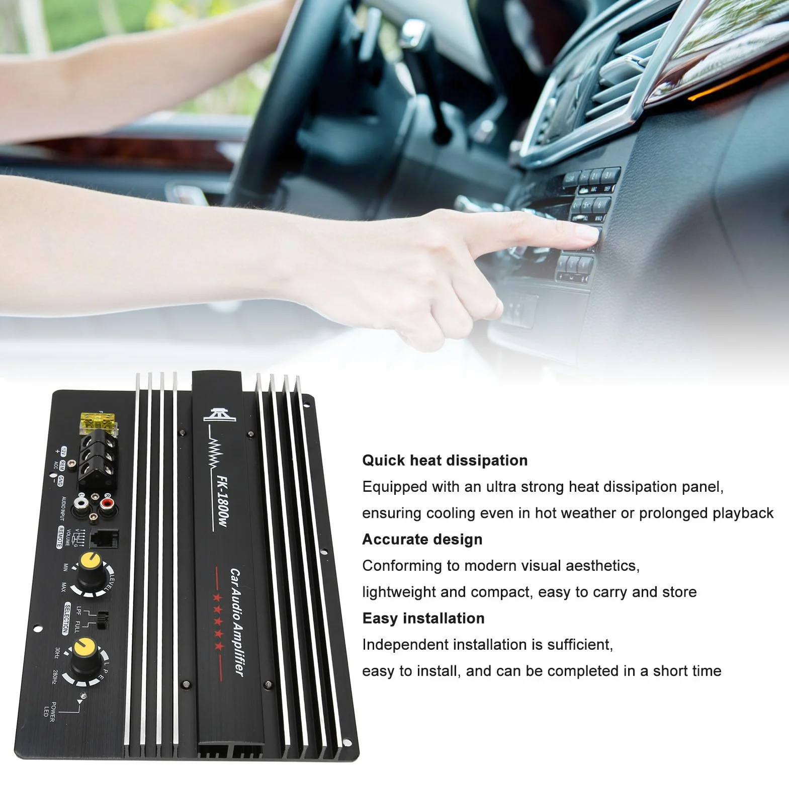 1800W 12V Amplificatore Audio Auto Stereo Sub Woofer Alta Potenza con Pannello di Dissipazione del Calore Ultra Resistente per Installazione Facile Design Compatto