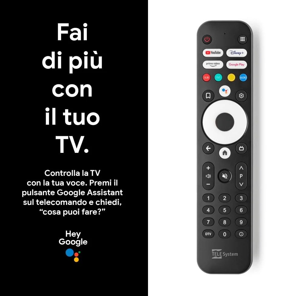 TELE System ON T2 HD: Decoder digitale terrestre Android TV, Smart TV Upgrade, Tuner DVB-T2 HEVC HDR10+HLG, HDMI, SCART Adapter Incluso - Certificato Google