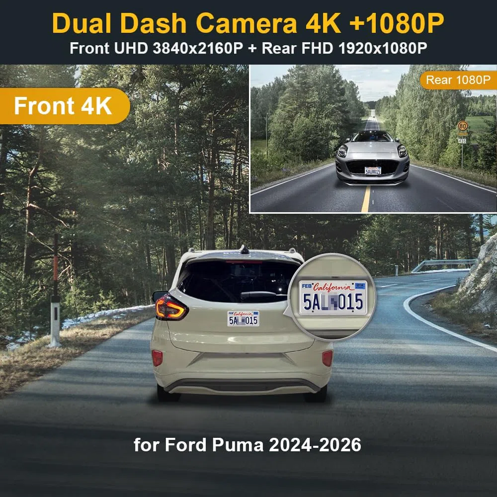 Fitcamx Dash cam Anteriore 2160P+Posteriore 1080P Adatta per Ford Puma 2024 2025 2026 (D1120), OEM Videocamera da Cruscotto, Doppio Video HD Wifi, Sensore G, Registrazione Loop, WDR, Scheda da 128GB