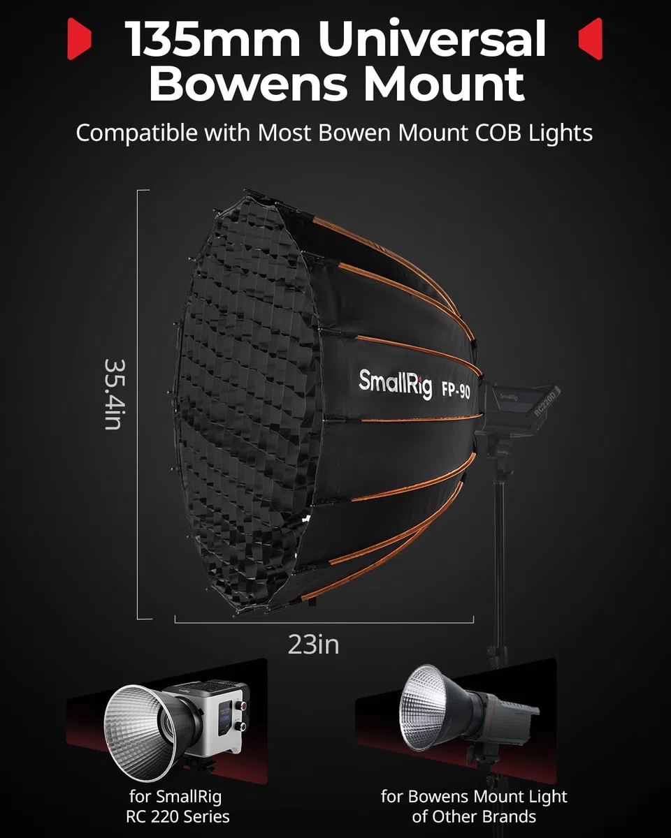 SmallRig FP-90 - Softbox parabolico 35,4" con supporto Bowens per fotografia da studio, softbox a cambio rapido con griglia a nido d'ape, diffusori, per SMALLRIG RC 220 Pro, per Neewer per Godox per