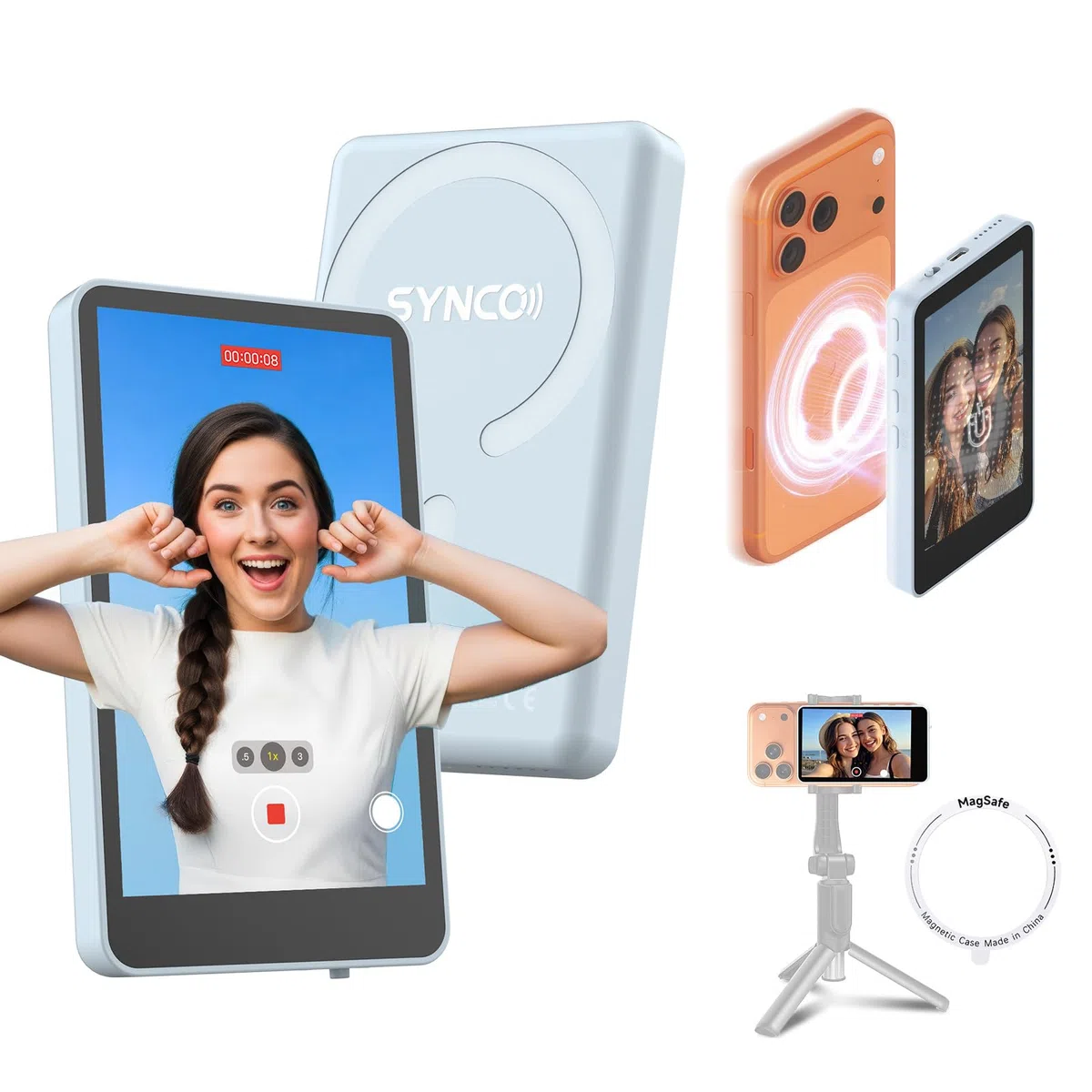 SYNCO XView Monitor Vlog per iPhone 17 - Schermo Selfie Magnetico Wireless 1080P/4K per Fotocamera Posteriore, Portata 50m, Batteria 3 Ore con Altoparlante Integrato per Live Youtube e TikTok (Blu)