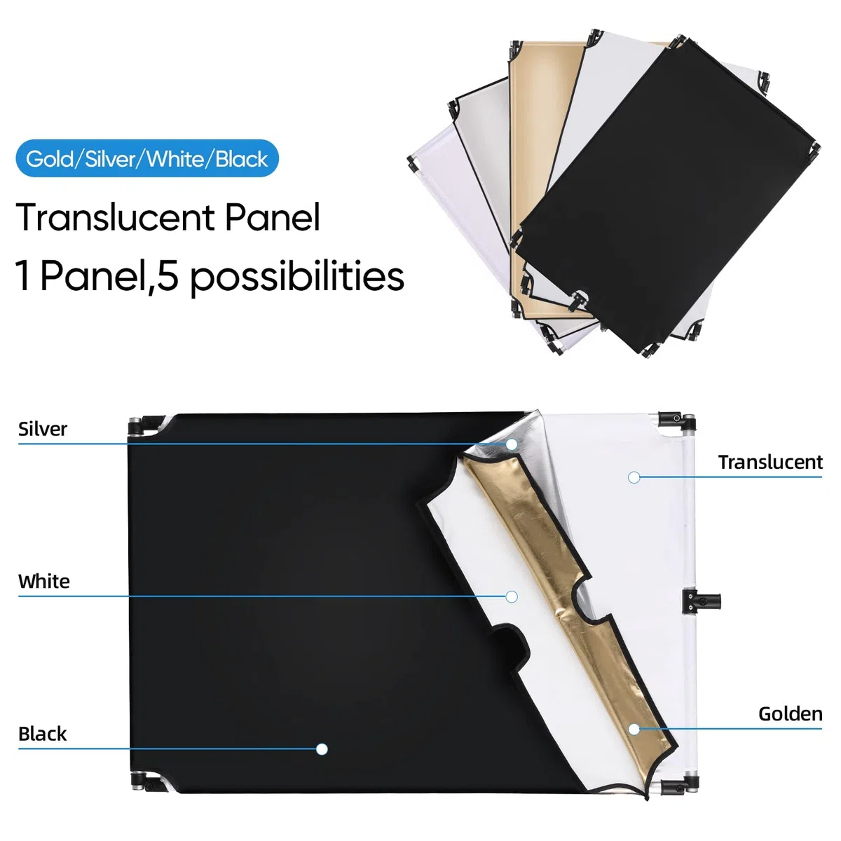 soonpho 23" x 35"/60 x 90 cm riflettore luce 5 in 1, diffusore portatile pieghevole con custodia per foto video studio – traslucido, argento, oro, bianco e nero (60 x 90 cm)