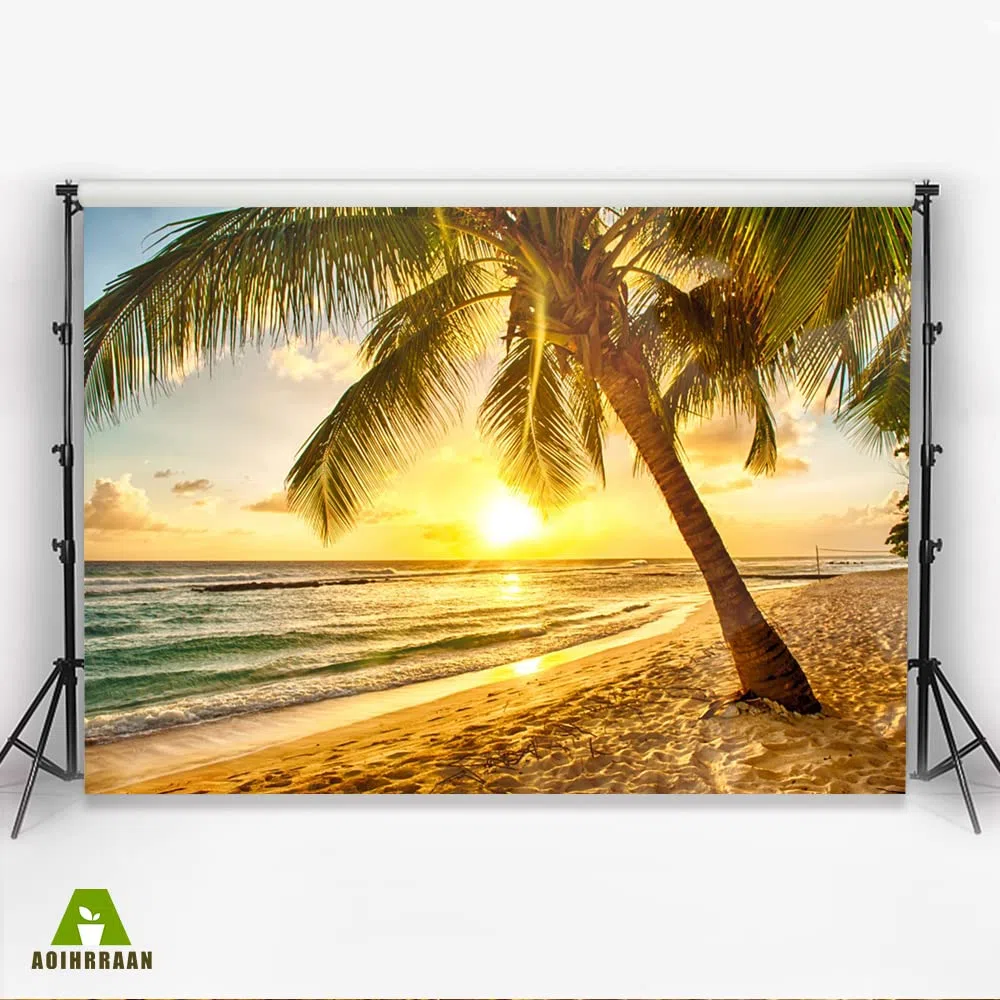 Aoihrraan 3x2m Estate Tropicale Spiaggia Sfondo Palm Alberi Mare Tramonto Oceano Paesaggio Fotografia Sfondo Estate Campo Matrimonio Video Festa Decorazione Bambini Adulti Ritratto Foto Prop